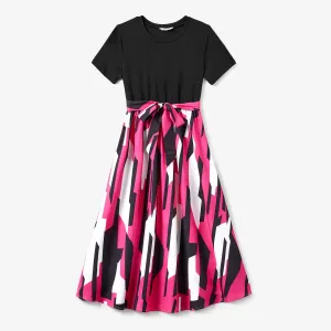 Family Matching Color Block Tee and Geometric Pattern Dress Sets