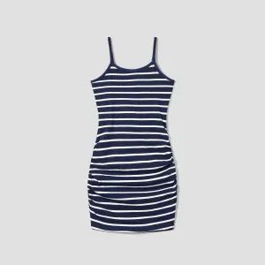 Family Matching Color Block Tee and Stripe Bodycon Strap Dress Sets