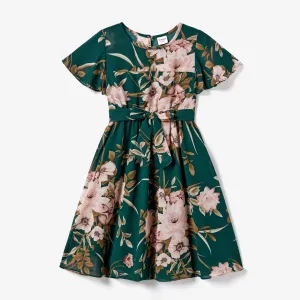 Family Matching Colorblock Polo Top and Floral Mock Neck Ruffled Sleeves Dress Sets #1315588