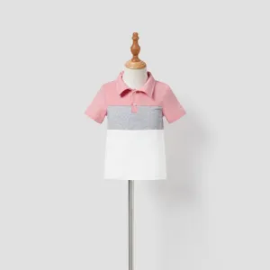 Family Matching Colorblock Shirt and Pink Swiss Dot Wrap Front Ruffled Hem Belted Dress Sets #1316680