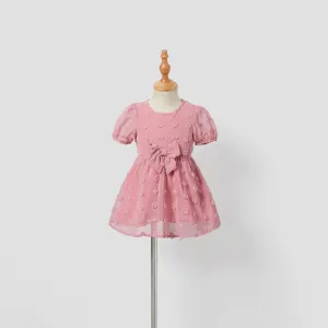 Family Matching Colorblock Shirt and Pink Swiss Dot Wrap Front Ruffled Hem Belted Dress Sets #1316691