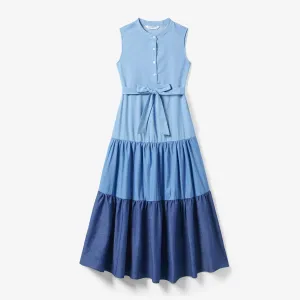 Family Matching Colorblock Shirt and Tiered A-line Pleated Dress Sets #1316559