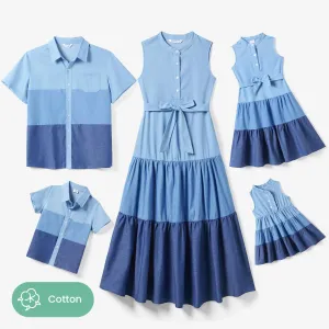 Family Matching Colorblock Shirt and Tiered A-line Pleated Dress Sets #1316565