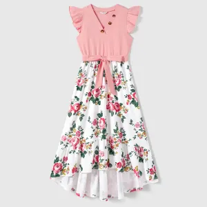 Family Matching Colorblock Short-sleeve Tee and Floral Print Front Buttons Flutter-sleeve Belted Dress Sets