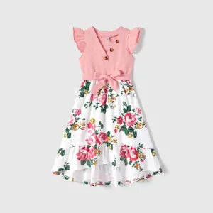 Family Matching Colorblock Short-sleeve Tee and Floral Print Front Buttons Flutter-sleeve Belted Dress Sets