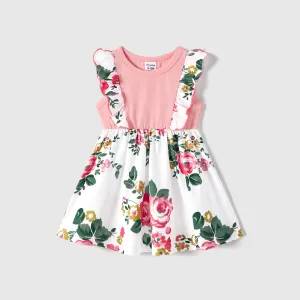 Family Matching Colorblock Short-sleeve Tee and Floral Print Front Buttons Flutter-sleeve Belted Dress Sets #1045088