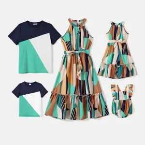 Family Matching Colorblock Sleeveless Belted Halter Dresses and T-shirts Sets #237097