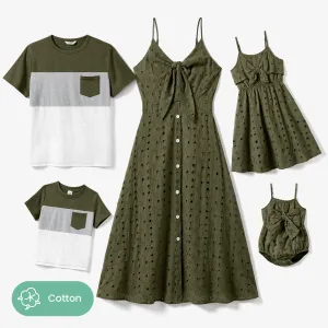 Family Matching Colorblock T-Shirt and Embroidered Eyelet Neck Tie Button Strap Dress Sets #1321002
