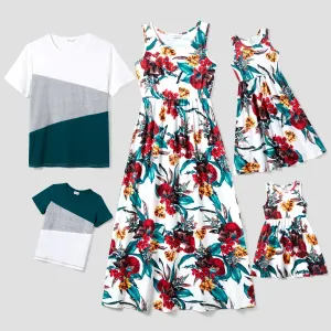 Family Matching Colorblock T-Shirt and Floral Tank Top Splicing Dress Sets #1320773