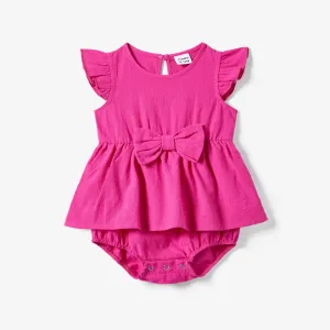 Family Matching Colorblock T-shirt and Hot Pink Button Neck-Tie Strap Dress Sets #1320722