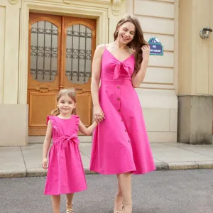 Family Matching Colorblock T-shirt and Hot Pink Button Neck-Tie Strap Dress Sets #1320723