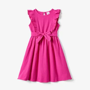 Family Matching Colorblock T-shirt and Hot Pink Button Neck-Tie Strap Dress Sets #1320727
