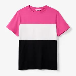 Family Matching Colorblock T-shirt and Hot Pink Button Neck-Tie Strap Dress Sets #1320728