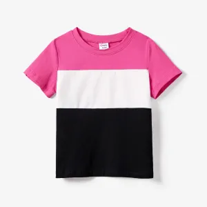Family Matching Colorblock T-shirt and Hot Pink Button Neck-Tie Strap Dress Sets