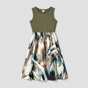 Family Matching Colorblock T-Shirt and Tank Top Spliced Floral A-Line Dress Sets #1320591