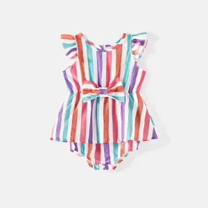 Family Matching Colorful Striped Flutter-sleeve Dresses and Short-sleeve Tee Sets #784295
