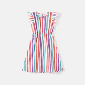 Family Matching Colorful Striped Flutter-sleeve Dresses and Short-sleeve Tee Sets