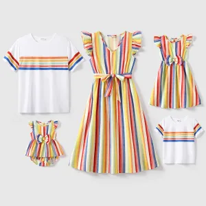 Family Matching Colorful Striped V Neck Flutter-sleeve Dresses and Short-sleeve T-shirts Sets #768841