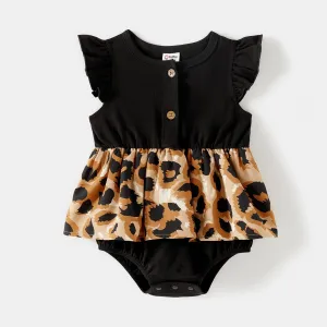 Family Matching Cotton Black Short-sleeve T-shirts and Leopard Print High Low Hem Flutter-sleeve Dresses Sets #229304