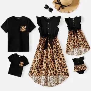 Family Matching Cotton Black Short-sleeve T-shirts and Leopard Print High Low Hem Flutter-sleeve Dresses Sets #229311