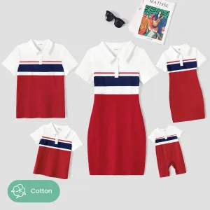 Family Matching Cotton Colorblock Polo Neck Short-sleeve Bodycon Dresses and Tops Sets #867693