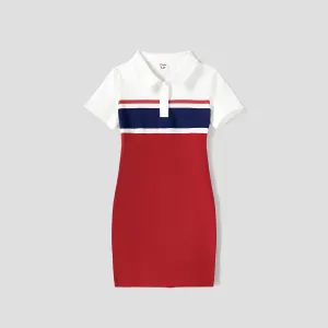 Family Matching Cotton Colorblock Polo Neck Short-sleeve Bodycon Dresses and Tops Sets