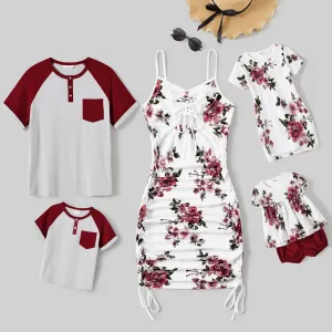 Family Matching Cotton Colorblock Raglan Sleeve T-shirts and Allover Floral Print Drawstring Ruched Bodycon Dresses Sets #884152