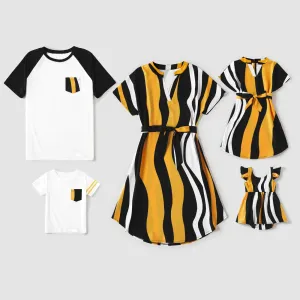 Family Matching Cotton Raglan Sleeve T-shirts and Striped Belted Dresses Sets #234503