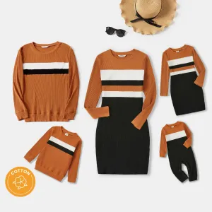 Family Matching Cotton Rib Knit Colorblock Long-sleeve Bodycon Dresses and Tops Sets #213306