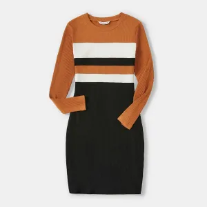 Family Matching Cotton Rib Knit Colorblock Long-sleeve Bodycon Dresses and Tops Sets #213320