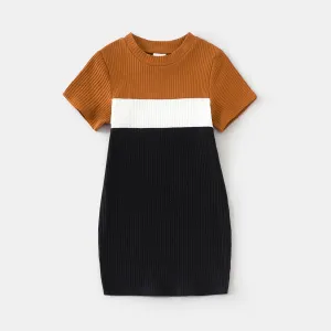 Family Matching Cotton Short-sleeve Colorblock Rib Knit Mock Neck Bodycon Dresses and Tops Sets #206941