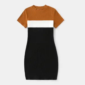 Family Matching Cotton Short-sleeve Colorblock Rib Knit Mock Neck Bodycon Dresses and Tops Sets #206947