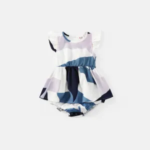 Family Matching Cotton Short-sleeve Colorblock T-shirts and Geo Print Belted Naia Dresses Sets #225915