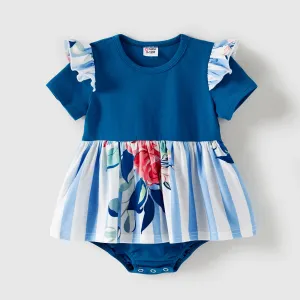 Family Matching Cotton Short-sleeve Colorblock T-shirts and Striped Floral Print V Neck Belted Dresses Sets #229244