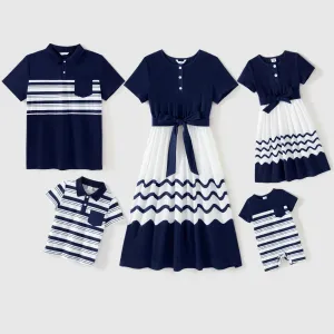 Family Matching Cotton Short-sleeve Spliced Chevron Pattern Dresses and Striped Polo Shirts Sets #231143