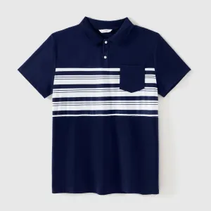 Family Matching Cotton Short-sleeve Spliced Chevron Pattern Dresses and Striped Polo Shirts Sets #231153