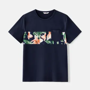 Family Matching Cotton Short-sleeve Spliced T-shirts and Allover Floral Print Belted Cami Dresses Sets