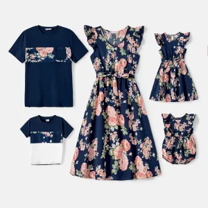 Family Matching Cotton Short-sleeve Spliced Tee and Allover Floral Print Flutter-sleeve Belted Dresses Sets #784358