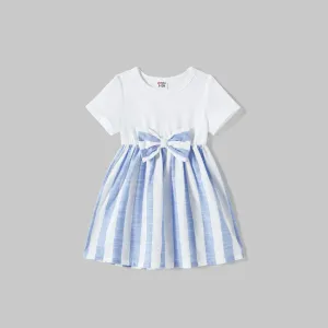 Family Matching Cotton Short-sleeve Spliced Tee and Striped Surplice Neck Short-sleeve Belted Dresses Sets #854272