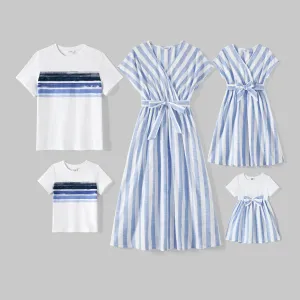 Family Matching Cotton Short-sleeve Spliced Tee and Striped Surplice Neck Short-sleeve Belted Dresses Sets #854287