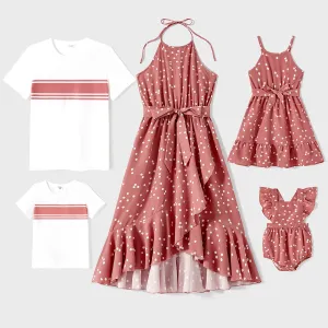 Family Matching Cotton Short-sleeve Striped T-shirts and Polka Dot Print Halter Ruffle Trim Dresses Sets #236698