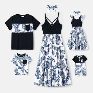 Family Matching Cotton Short-sleeve T-shirt and Plant Print Naiaâ¢ Spliced Ruffle Trim Cami Dresses Sets #233425