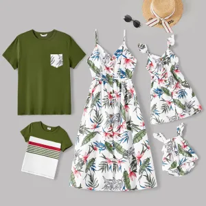 Family Matching Cotton Short-sleeve T-shirts and Allover Floral Print Button Front Cami Dresses Sets #855168