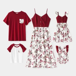Family Matching Cotton Short-sleeve T-shirts and Floral Print Spliced Cami Dresses Sets #234545
