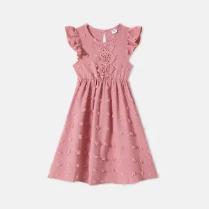 Family Matching Cotton Short-sleeve T-shirts and Pink Swiss Dot Lace Detail Flutter-sleeve Dresses Sets #221161