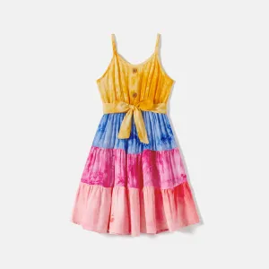 Family Matching Cotton Short-sleeve Tie Dye T-shirts and Belted Cami Dresses Sets #1045712