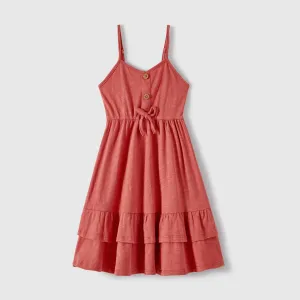 Family Matching Cotton Solid Ruffle Hem Cami Dresses and Short-sleeve Colorblock T-shirts Sets #1032338