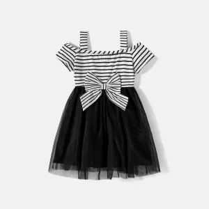 Family Matching Cotton Striped Short-sleeve T-shirts and Off Shoulder Belted Spliced Dresses Sets #784656
