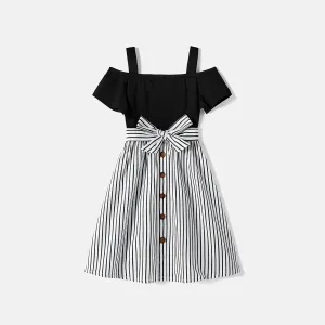 Family Matching Cotton Striped Short-sleeve T-shirts and Off Shoulder Belted Spliced Dresses Sets #784664