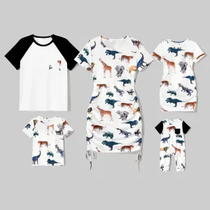Family Matching Cotton T-shirts and Allover Dinosaur Print Short-sleeve Drawstring Ruched Bodycon Dresses Sets #232404